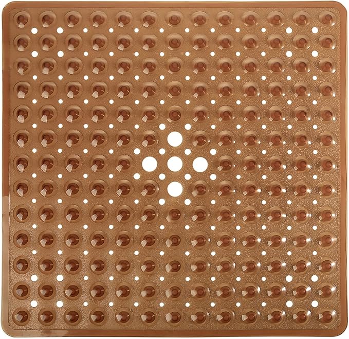 Yimobra Shower Stall Mat Non Slip, 21x21 Inch, Soft Square Bath Mat for Shower with Suction Cups and Drain Holes, Stall Floor Mats for Bathroom, Machine Washable, Bathroom Accessories,Clear Brown
