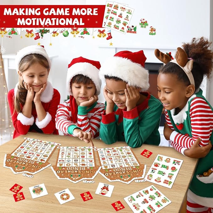 39Pcs Christmas Gingerbread Themed Bingo Game for Kids Adults 24 Players Christmas Baking Game Cards with Reward Stickers for Family Friends Students Large Group Activities Winter Holiday Party Favors