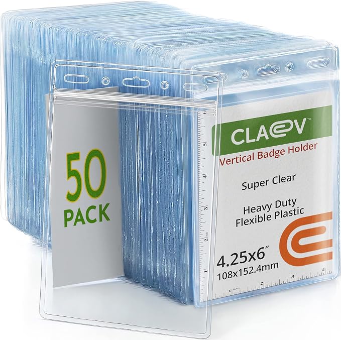Claev Fast Seal Vertical 4x6 Passport & Card Holders (4x6 Extra Large (XXL), 50 Pack), Clear Waterproof ID Plastic Name Card Badge Holders for Travel, Conferences, Conventions | Bulk clear waterproof ID badge holders, fits 4 x 6 insert cards with fast ...