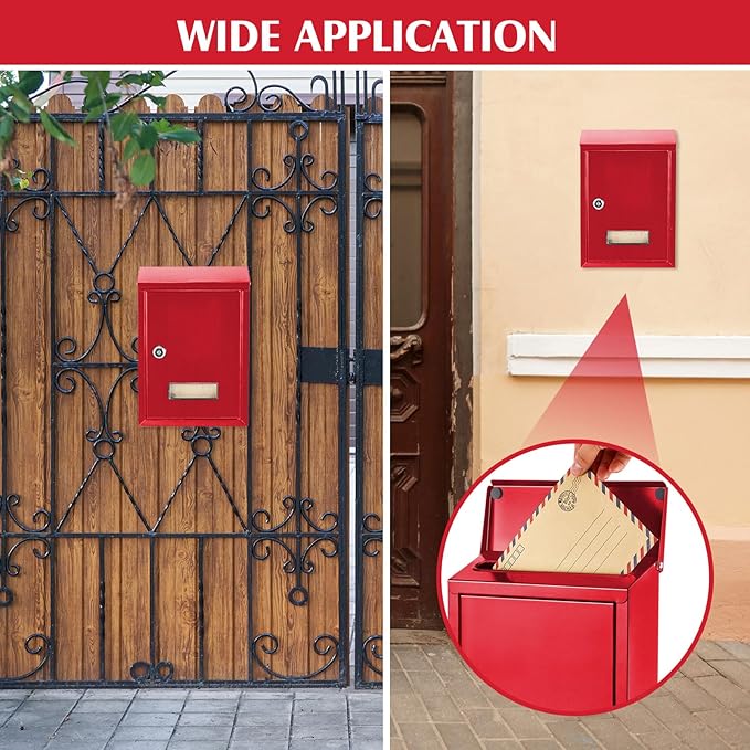 Amylove Weatherproof Mail Boxes with Key Lock, Security Locking Wall Mount Metal Mailbox with Slot for Outside, Large Capacity for Mail, Packages, Donations, Voting 11.8" H x 8.3" L x 2.8" W, Red