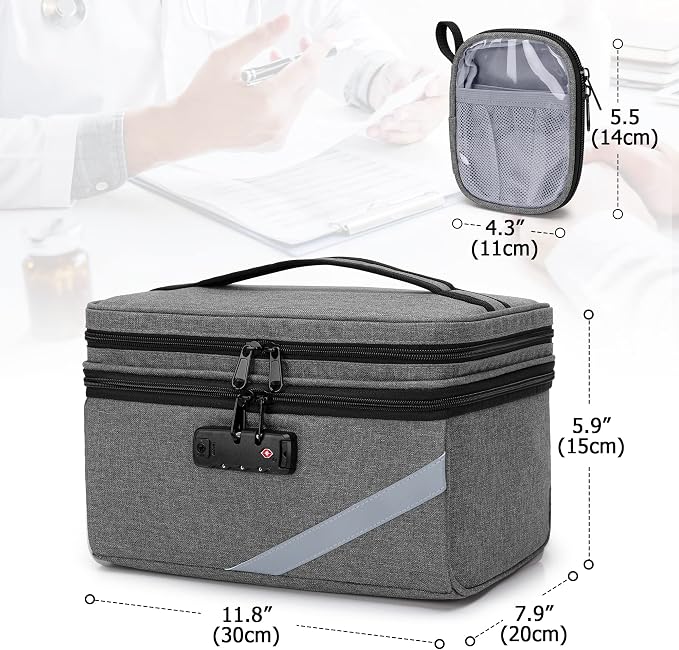 Trunab Medicine Storage Bag with Combination Lock, Pill Bottle Organizer | Lockable Travel Medication Carry Case for Medicine Box, Prescription, Vitamins, Supplements or Medical Supplies