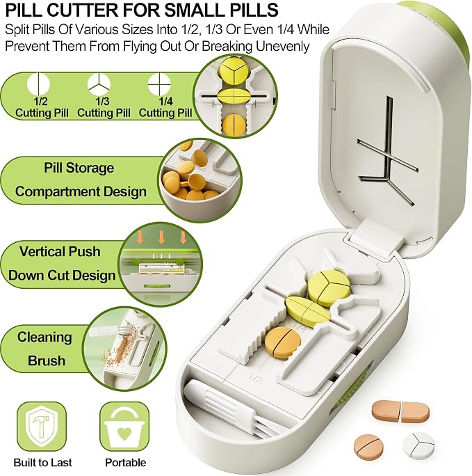 Pill Cutter Splitter for Small and Tiny Pills, Vertical Push Down Cut Pill Cutter 1/4 1/3 1/2, Accurate Pill Cutter for Small or Large Pills with Storage Cleaning Brush Pill Crushers for Elderly Pets