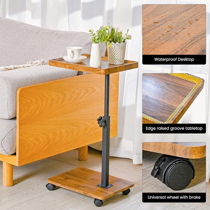 C Table End Table Adjustable Height,C Shaped End for Couch，Snack Tables,360°Swivel TV Tray Sofa Table,Tables that Slide Under,Coffee SideTable for Bed,Chair,Bath-tub (Original Wood Color)