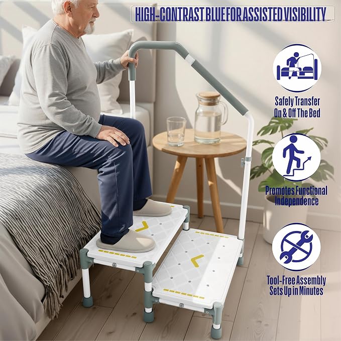 Extra Long Step Stool with Handle for Elderly(22 Inch), Heavy Duty 2 Stepping Stool with Adjustable Handrails for High Beds, Non-Skid Platform Foot Stool for Adults, Seniors, Handicapped (White)