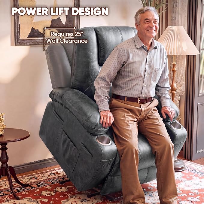 Flamaker Power Lift Recliner Chair Electric Lift Recliner for Elderly | Power Lift Recliner Chair with Cup Holders Side Pockets for Living Room (Leathaire, Light Black)