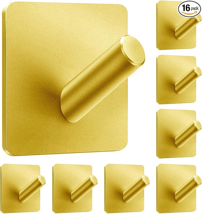 xdgeLoad Heavy Duty Adhesive Hooks, Bath Towel Hooks 8 Pack, Adhesive Wall Hooks for Bathrooms/Coat/Robe/Kitchen, Non-Punching self-Adhesive Hooks, Matte Stainless Steel Gold