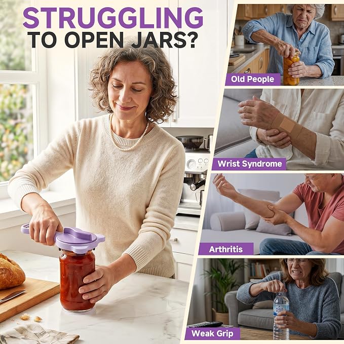 2026 Upgraded 4-in-1 Jar Opener - Adjustable Stainless Steel Lid Remover for Seniors & Arthritis Sufferers, Fits Kitchen Jars, Bottles & Cans Purple(2Pcs)