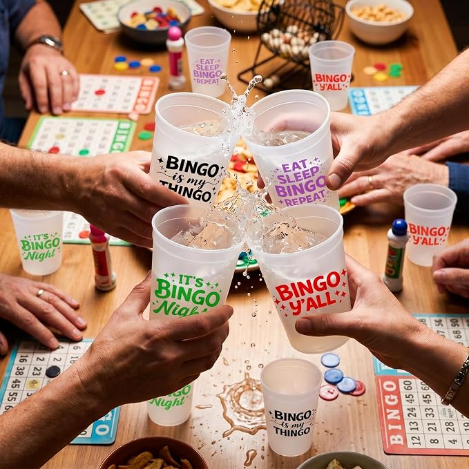 Yungyan 12 Pcs 16 oz Bingo Cups with Multicolor Funny Phrases, Frosted Reusable Plastic Party Supplies, Bingo Game Night Prizes Gifts for Family Christmas Birthday Celebration Accessories