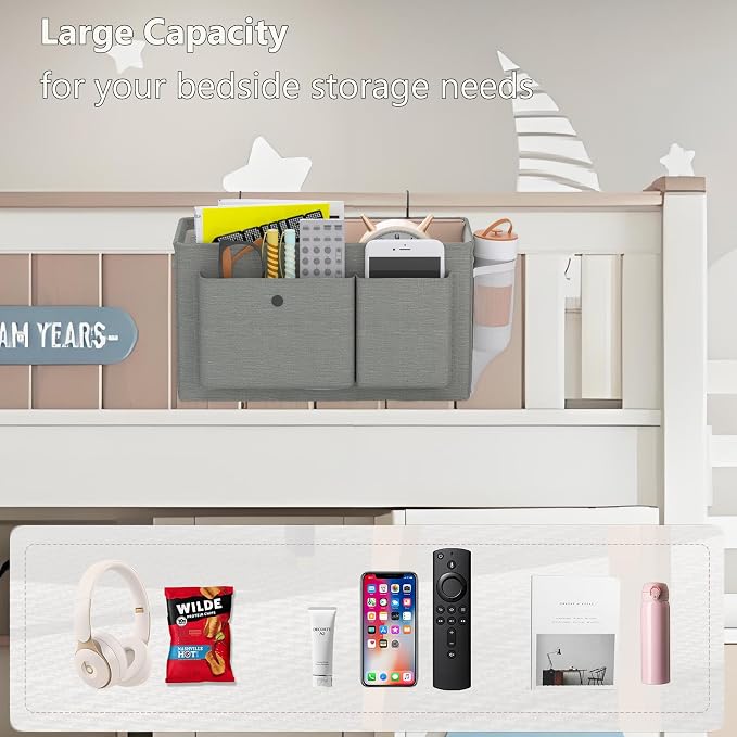 Bedside Caddy Bedside Storage Hanging Organizer for Bunk Dorm Bed Rail | Bed Caddy with Hooks, Top Bunks and Dorm Essentials for Water, Tissues, Tablets, Books, Phones, Remotes and Other Necessories