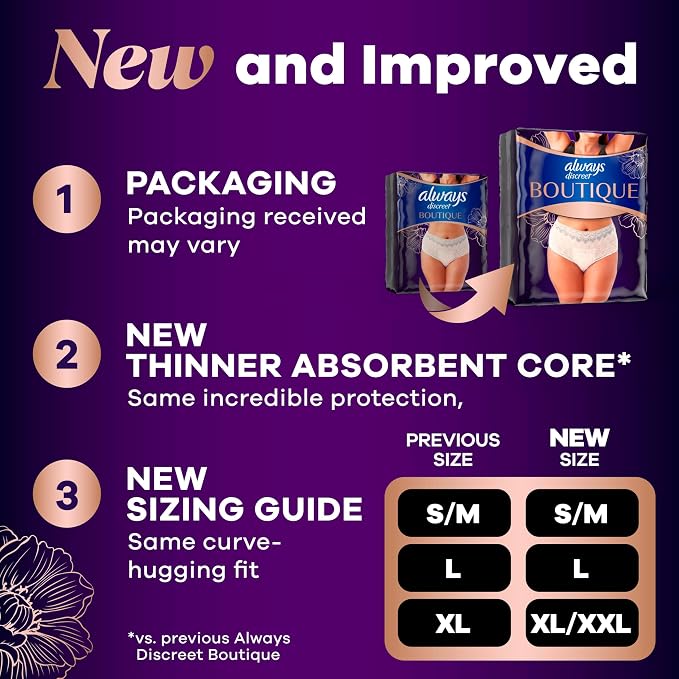 Always Discreet Boutique Black, Reimagined Adult Diapers for Women, Maximum Absorbency Incontinence and Postpartum Underwear Size XL/XXL, Fits and Feels Like Real Underwear, 16 Count
