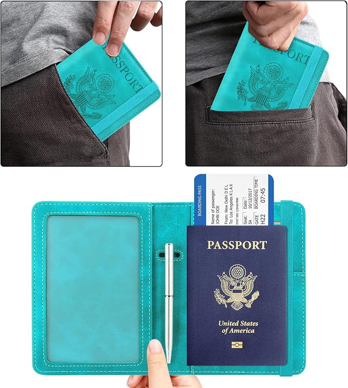 ACdream Passport and Vaccine Card Holder Combo, Cover Case with CDC Vaccination Card Slot, Leather Travel Documents Organizer Protector, with RFID Blocking, for Women and Men, C - Sky Blue, Fashion