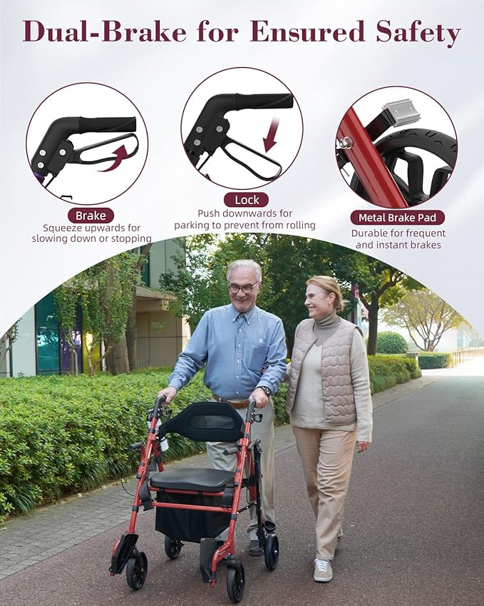 Walkers for Seniors with Seat, 2 in 1 Rollator Walker & Transport Chair with Reversible Backrest & Detachable Footrests, Folding Wheelchair with 8" Anti-Slip PU Wheels, Red