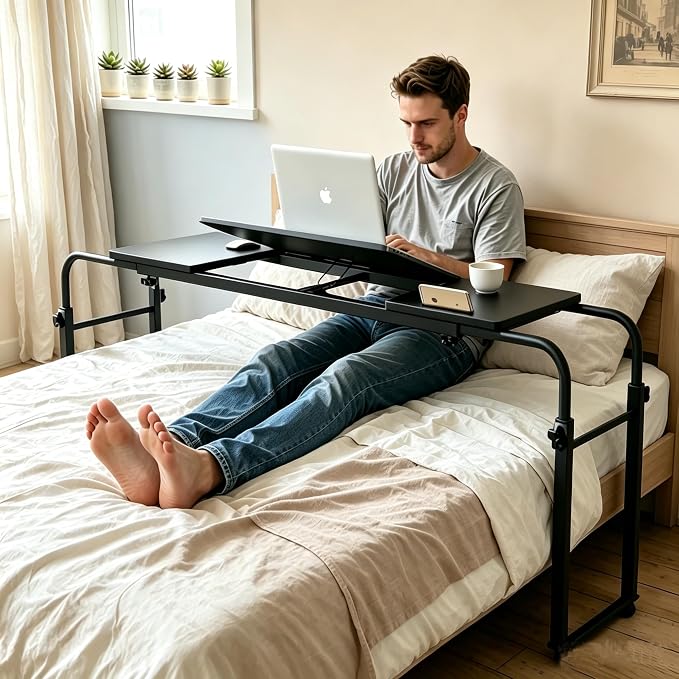 Overbed Bedside Table with Wheels Portable Rolling Laptop Desk Cart Computer Table Over The Bed Table Adjustable Height and Length with Tilt Stand Board for Bed Hospital Home and Office (Black-M)