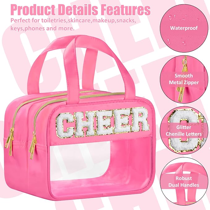 BuyCard Cheer Chenille Letter Bags Clear Makeup Bag for Travel, Cheerleader Gifts Cosmetic Bag with Handles and Zipper, Nylon & PVC Waterproof Large Cheer Accessories Toiletry Bag for Women