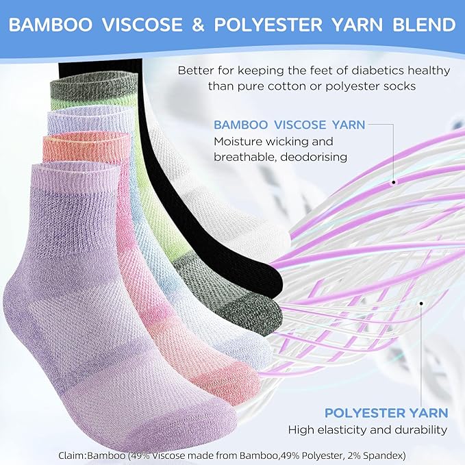 Bulinlulu Bamboo Viscose Diabetic Socks, 6 Pairs Non Binding Ankle Socks, Reinforced Toe, Size 6-9/9-11/13-15