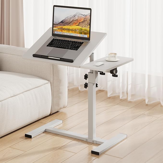 Overbed Table with Wheels Rolling, Adjustable Mobile Bedside Desk | Flip-Top, Laptop Table, C Shaped End Side Table for Couch, Sofa, Bed, Recliner and Home Use, Large White