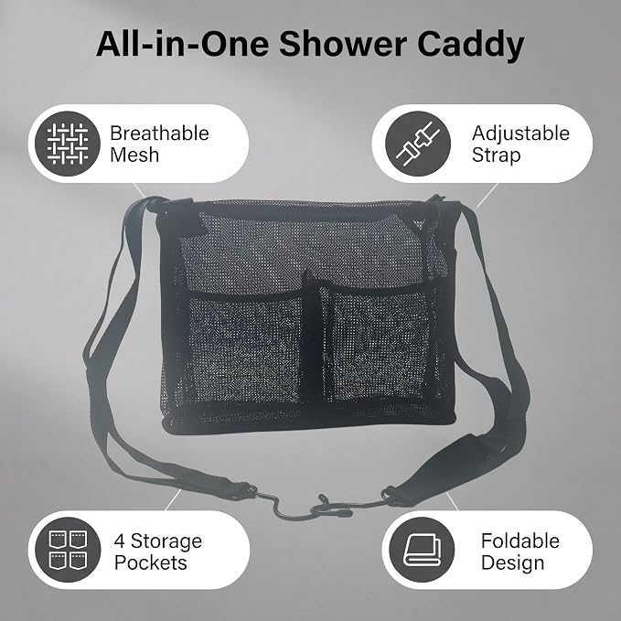 Shower Caddy for Dorm Mesh Organizer with 4 Pockets Hooks | Mesh shower caddy with 4 pockets and hooks, stores toiletries for dorm, gym, RV and bathroom use with easy hanging.