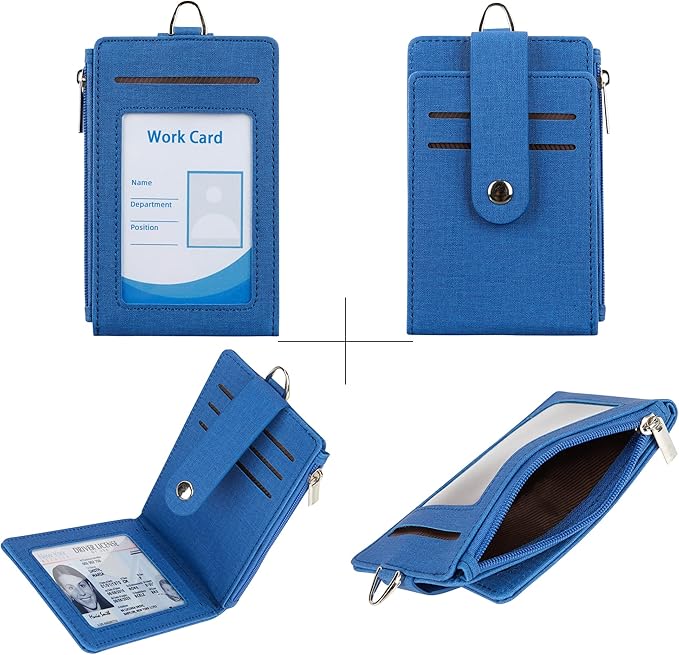 Women & Men Keychain Card Holder Case Zipper Slim Minimalist Front Pocket Wallet with 2 ID Window, Royal Blue