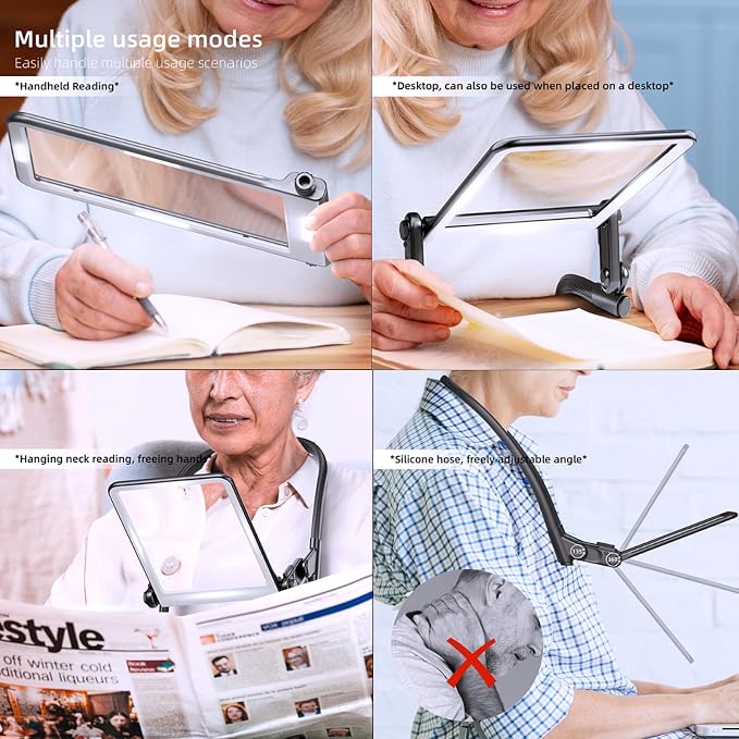 Hands-Free Magnifying Glass with Light, Rechargeable for Seniors | Large 4.6"×6.5" antiglare lens, 40 LEDs, 3 colors. Detachable neck, stand, handheld. For reading, craft, cross stitch, sewing