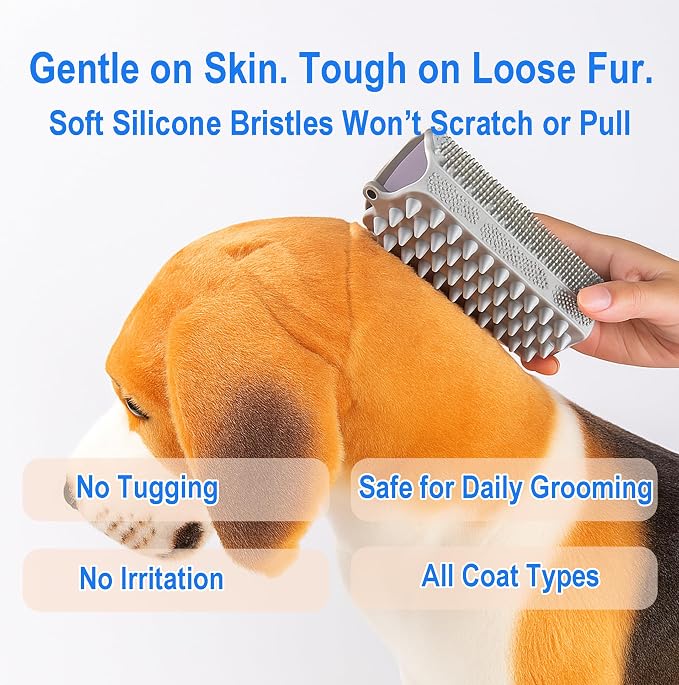 Triangular Wrap-Around Pet Grooming & Bath Brush for Dogs & Cats – 3-in-1 Silicone Dog Bath Brush with Deshedding Bristles, Massage Cones & Deep Cleaning Nubs, Soft Flexible Self-Cleaning Design,Gray