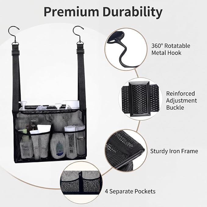 Shower Caddy for Dorm Mesh Organizer with 4 Pockets Hooks | Mesh shower caddy with 4 pockets and hooks, stores toiletries for dorm, gym, RV and bathroom use with easy hanging.