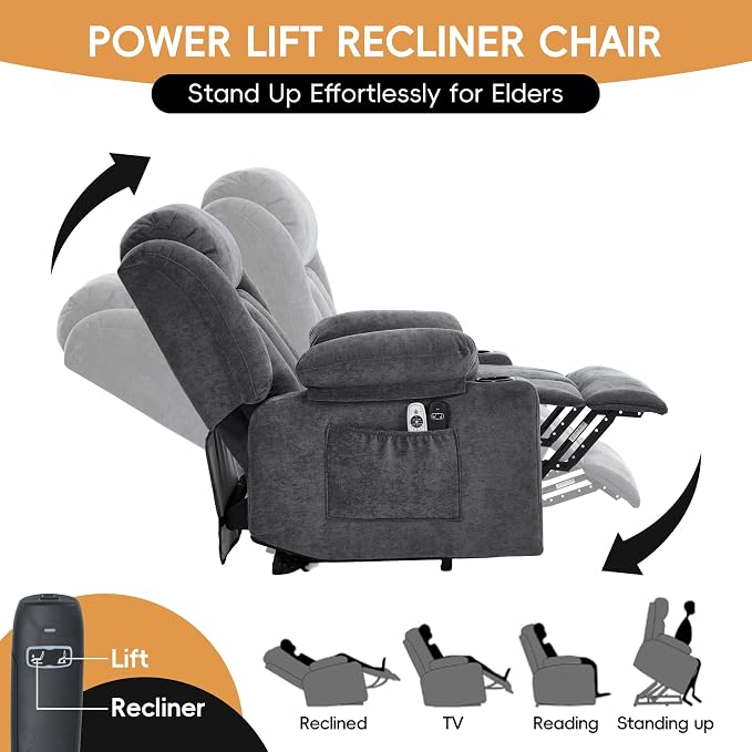 Power Lift Recliner for Elderly,Electric Recliner Chair with Massage & Heating for Adults, USB Charging, Cup Holders, Side Pocket, Living Room Sofa L1288 (Dark Grey)