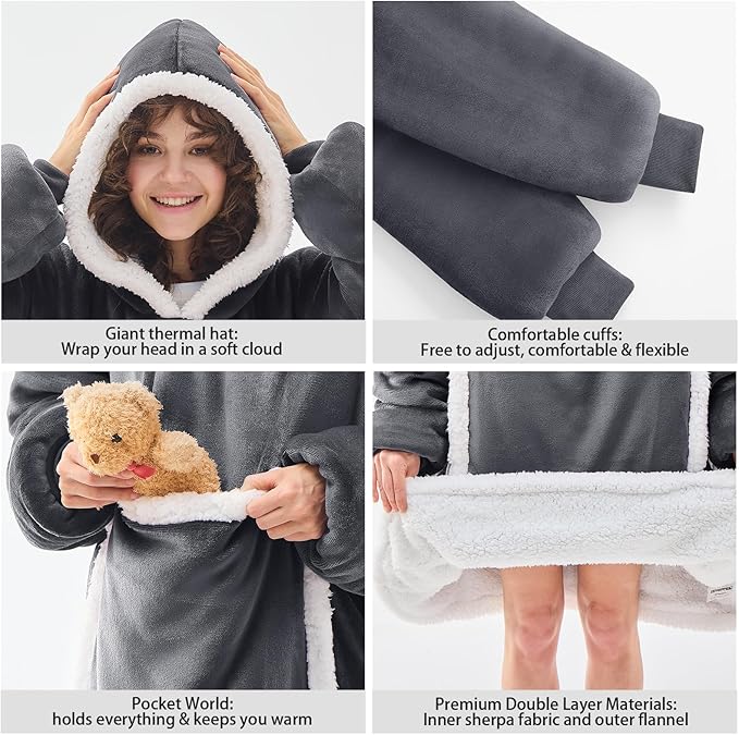JOYWOO Wearable Blanket Hoodie,Oversized Cat Lovers Sweatshirt Blanket for Adult & Teens,Birthday Gifts for Teen Girls Boys Women,Cozy Fuzzy Sherpa Sweatshirt Blanket Giant Pocket Gifts,Grey Small