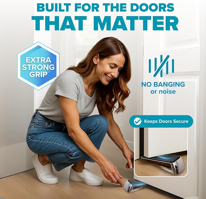 STRONGEST HOME Stoppers for Bottom of Door – Heavy Duty Metal Rubber Door Stopper, Non-Slip Door Stop for Heavy Doors, Works on Wood, Tile & Carpet Floors, Wedge Chrome 1 PC + 1 White Wall Protectors
