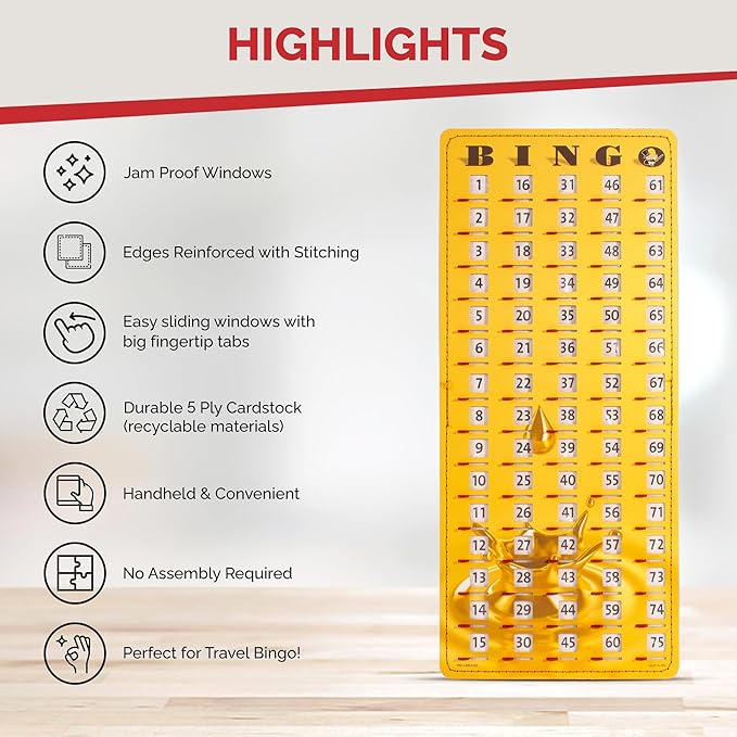 MR CHIPS Jam-Proof Finger Tip Master Bingo Card with Sliding Windows Large Cardboard Calling Cards Gold Rush Style