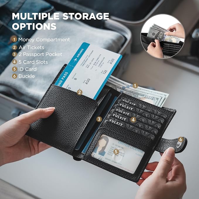 VULKIT Dual Passport Wallet for 2 Passports Airtag Holder RFID Blocking Travel Wallets