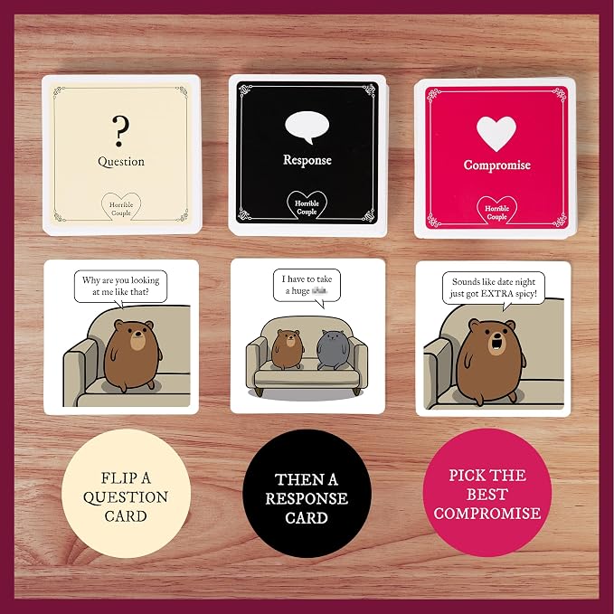 Exploding Kittens Horrible Couple Extra Horrible, for 2-8 Players, Age 17+ | Create darkly funny comics with questions, responses, and absurd compromises. Play as a couple or with friends! Adults only!