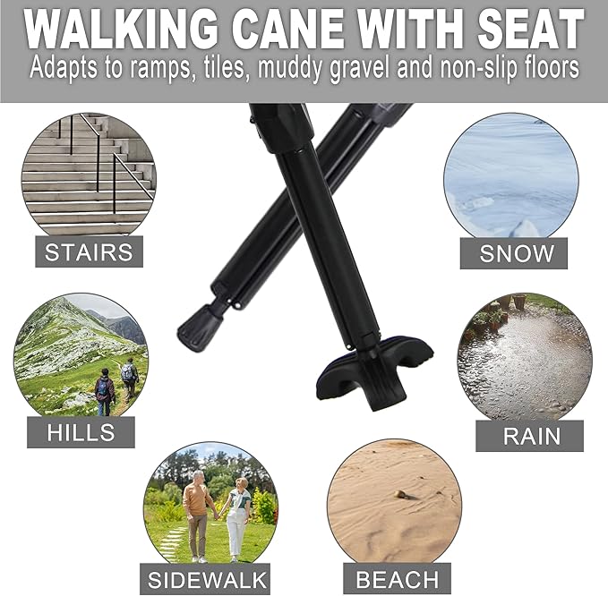 XXL Portable Walking Cane with Seat, Adjustable 34"-37" Foldable Lightweight Aluminum Anti-Slip Walking Stick for Men & Women, 550 Lbs Cane with Chair for Travel Hiking with Carry Bag