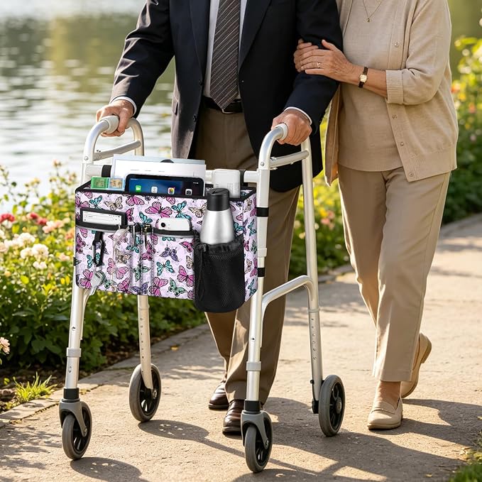 FINPAC Large Walker Tote Bag w/Cup Holder, Folding Walker Attachment Pouch | Water-resistant Polyester, Organized Pockets, Reflective Strip, Mobility Aid Storage Basket for Seniors, Butterfly