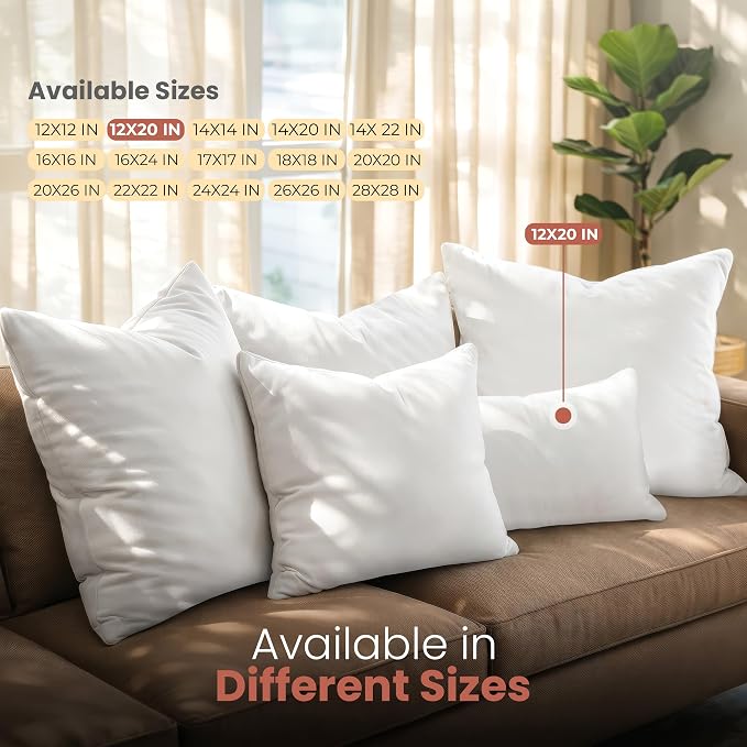 Utopia Bedding 12x20 Pillow Inserts, White Throw Pillows for Couch, 2 Pack | 100% Virgin Filling, Indoor cushion inserts for bed, sofa & couch, Supportive & fluffy decorative pillows, Set of 2, White