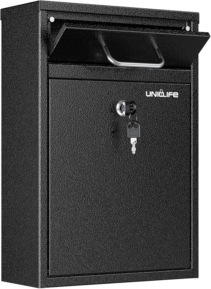 Uniclife Wall Mount Mailbox for Outside, Locking Mailbox with Key Lock | Anti-Theft Function, Heavy Duty, Large Mailbox with Key Lock, Safe Key Drop Box, Steel Cash Drop Box for Home Office, Black