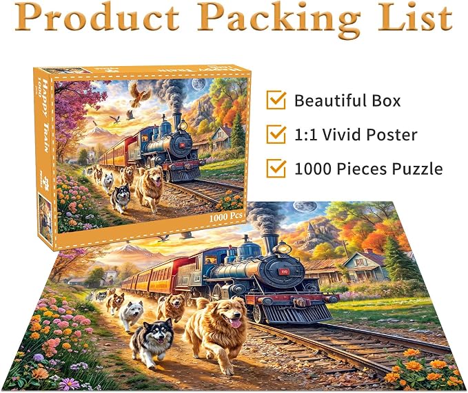 Puzzles for Adults 1000 Pieces,Happy Train Jigsaw Puzzle with 1:1 HD Poster, Perfect Interlocking No Dust, Stress Relief Ideal Gift for Family Games