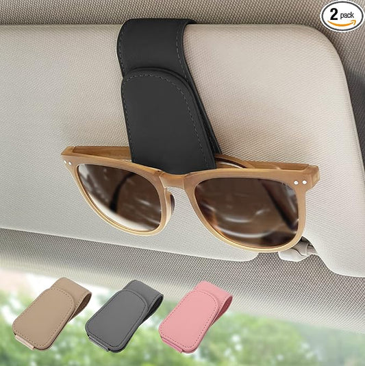 2 Pack Magnetic Leather Sunglass Holder, Eyeglass Hanger Clip for Car Sun Visor, Suitable for Different Size Eyeglasses(Black, 2 Pack)