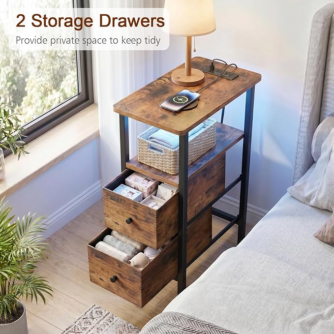 Narrow End Table with Charging Station, Small Nightstand | Skinny Side Tables Living Room with 2 Fabric Drawers, Slim Bedside Table with LED Lights for Bedroom, Small Spaces, Brown