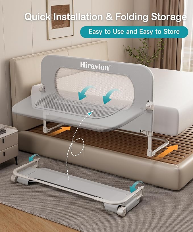 Bed Rail for Toddlers - 47 Inch Foldable Baby Guard | Height Adjustable | Foldable | Fits Full/Queen/King/Twin Beds | U-shape base provides Safety sleep protection | Grey