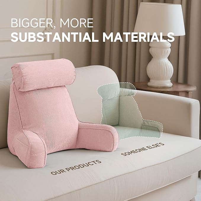 Reading Pillow for Sitting in Bed Adult & Teens, Large Backrest Pillow with Detachable Neck Support Cushion, Designed for Bed and Couch Sitting Up with Arms and Side Pocket.(Pink)