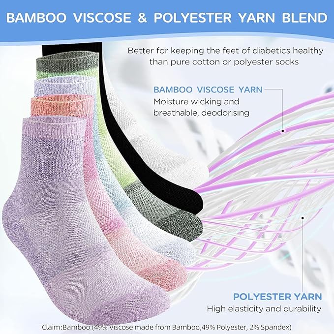 Bulinlulu Bamboo Viscose Diabetic Socks, 6 Pairs Non Binding Ankle Socks, Reinforced Toe, Size 6-9/9-11/13-15