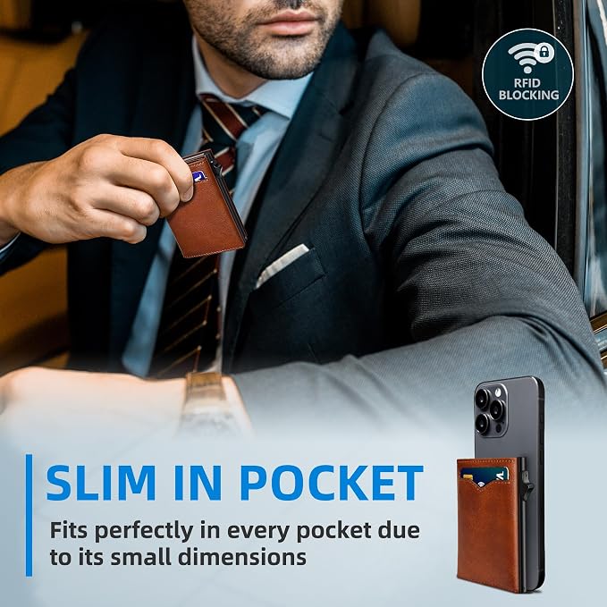 Wallet for Men,with Cash Pocket 2 ID Window 9-13 Cards,Metal Case Smart Slim Pop Up Credit Card Holder Flip with Magnetic Closure RFID Blocking Trifold wallet with Gift Box