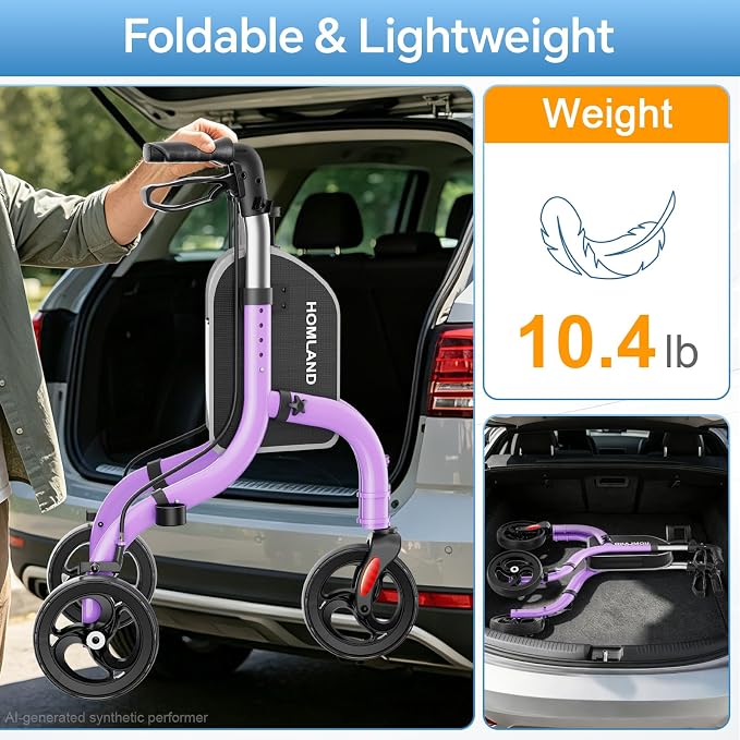 HOMLAND Foldable 3 Wheel Walkers for Seniors, Lightweight 10.4 lbs | with Cane & Cup Holder, Height Adjustable, 8'' big wheel, Lavender