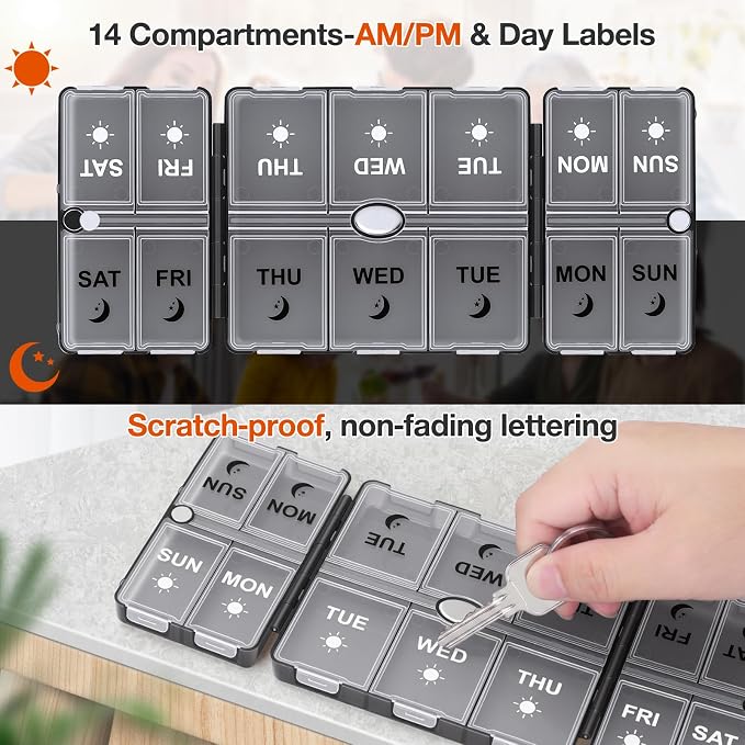 FYY Weekly Pill Organizer 2 Times a Day, Magnetic Travel Pill Box AM PM with Easy Open – 7-Day Daily Pill Case Medicine Organizer for Vitamins,Supplements - Clear Black