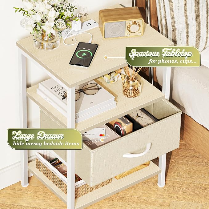 SUPERJARE Nightstand with Charging Station, USB-C Port, Bedside Table | Night Stand for Bedroom, with Adjustable Fabric Drawer, 3-Tier Storage End Table, for Living Room, White Maple