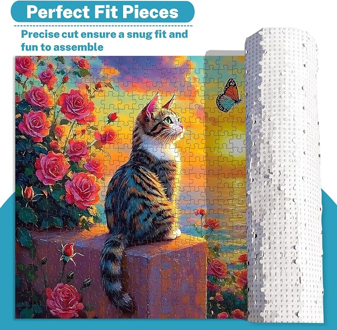 500 Piece Puzzle for Adults – Cat Sunset Jigsaw Puzzles 500 Pieces with Flowers & Butterfly, Colorful Art Puzzle for Adults & Seniors, Relaxing Adult Puzzles, 20.5 x 15 in