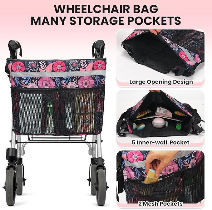 Wheelchair Accessories Backpack to Hang on Back Walker Storage Bag with Multiple Pockets for Seniors Adults