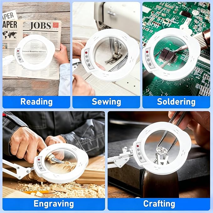 White 10X Magnifying Glass with Light and Stand, LED Desk Lamp with Clamp, 5 Color Mode, 10 Dimmable Levels, Hands Free for Reading Crafts Jewelry Sewing Close Work