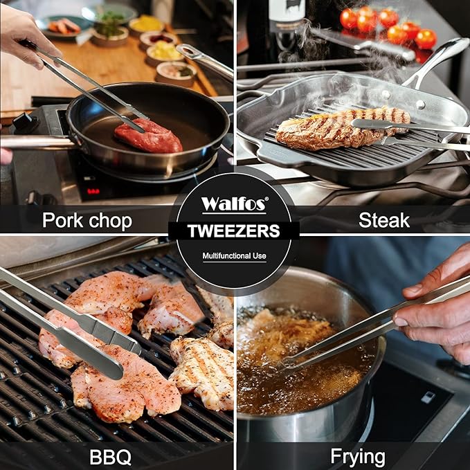 WALFOS Tweezer Tongs for Cooking, Kitchen Tweezers Stainless Steel Pasta Tweezers Tongs for Cooking, Roasting, Grabbing Small Objects, Dessert, BBQ, Spaghetti 3 Pcs (8+10+12-Inch)
