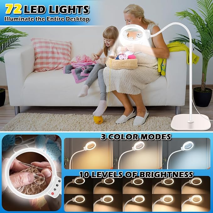 30X 10X Large Floor Magnifying Glass with Light and Stand | 2-in-1 Flexible Gooseneck Floor Magnifying Lamp,72 LED Lights, 3 Color Modes, Close Work,Sewing,Crafts,Hobbies